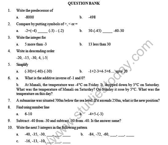 cbse-class-6-maths-integers-question-bank